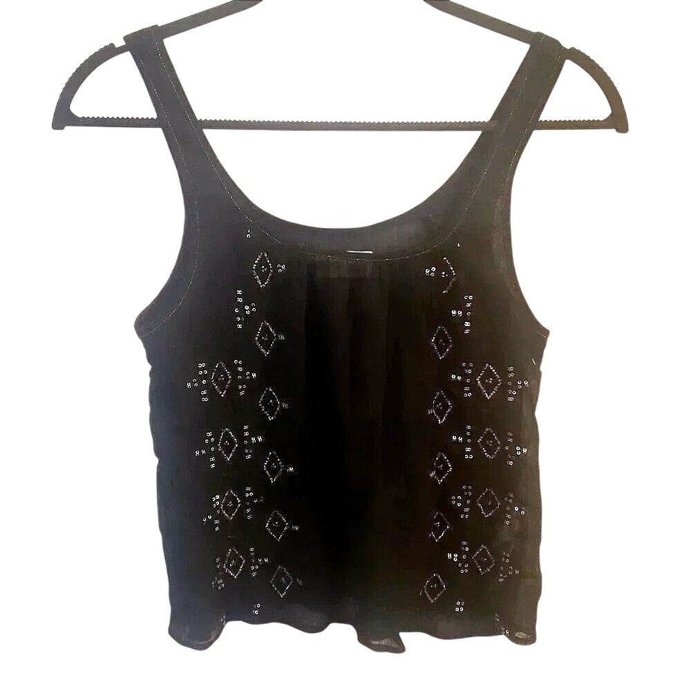 Y2K Hollister Black Sequin Beaded Sheer‎ Chiffon Boho Tank Top XS